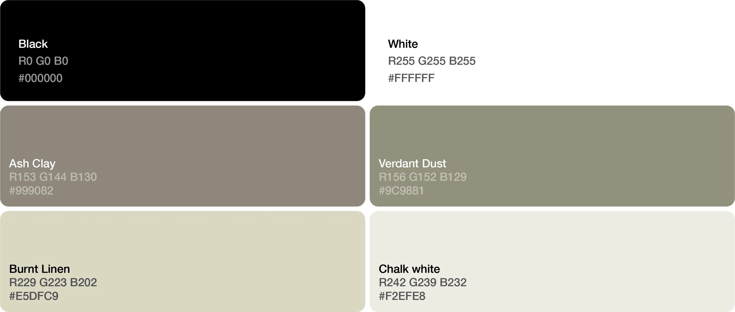 Barevná paleta — černá a bílá, Ash Clay, Verdant Dust, Burnt Linen, Chalk White.